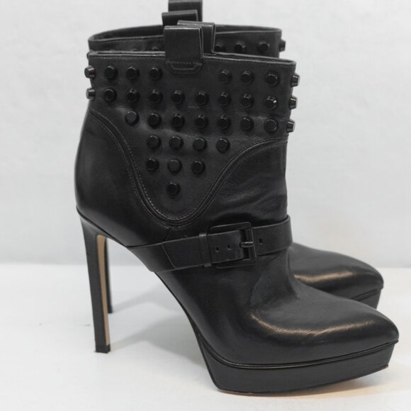 Michael Kors Black Leather Stiletto Bootie Goth Studded Pull On Biker Ankle Boot - Picture 13 of 16